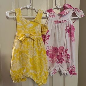 2 springtime Kelly’s kids bubble outfits with headbands.